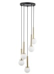 Lampa wisząca Daisy 5xG9 w kolorze złotym i białym. Składa się z pięciu okrągłych, mlecznych kloszy zawieszonych na czarnych przewodach. Elementy metalowe mają złotą teksturę, a całość przymocowana jest do okrągłej podstawy.