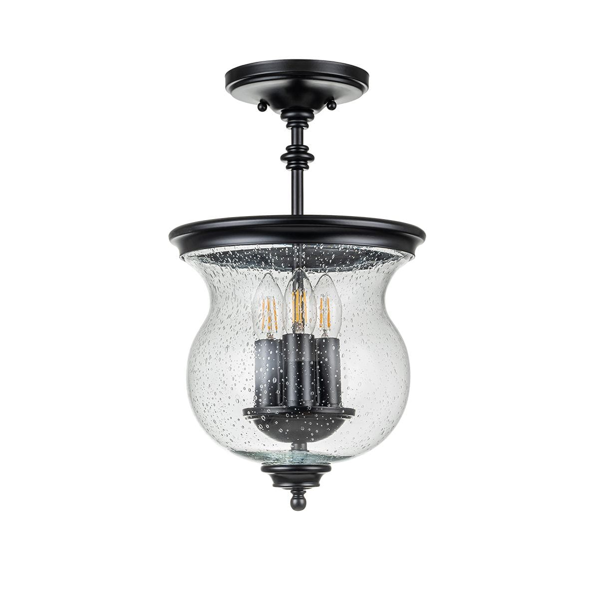 Lampa sufitowa Pickering w czarnym kolorze, z przezroczystym kloszem z efektem bąbelków, zawiera trzy źródła światła E14. Ujęcie z dołu, ukazujące detale konstrukcyjne oraz elegancki design.