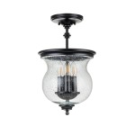 Lampa sufitowa Pickering w czarnym kolorze, z przezroczystym kloszem z efektem bąbelków, zawiera trzy źródła światła E14. Ujęcie z dołu, ukazujące detale konstrukcyjne oraz elegancki design.