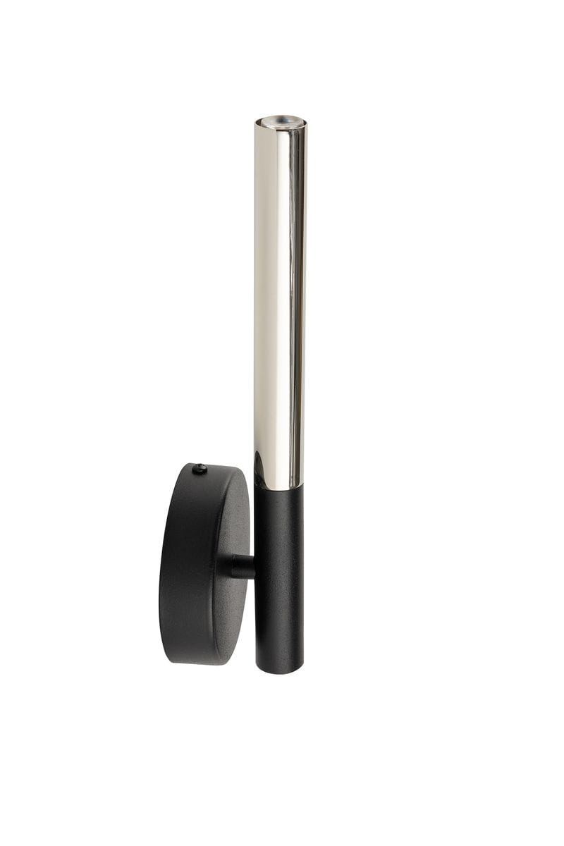 Kinkiet Sopel Lux 1xG9 w kolorze czarnym i srebrnym. Okrągła podstawa z czarnego metalu, pionowa, cylindryczna lampa z błyszczącego srebra. Produkt montowany na ścianie, widok z boku.