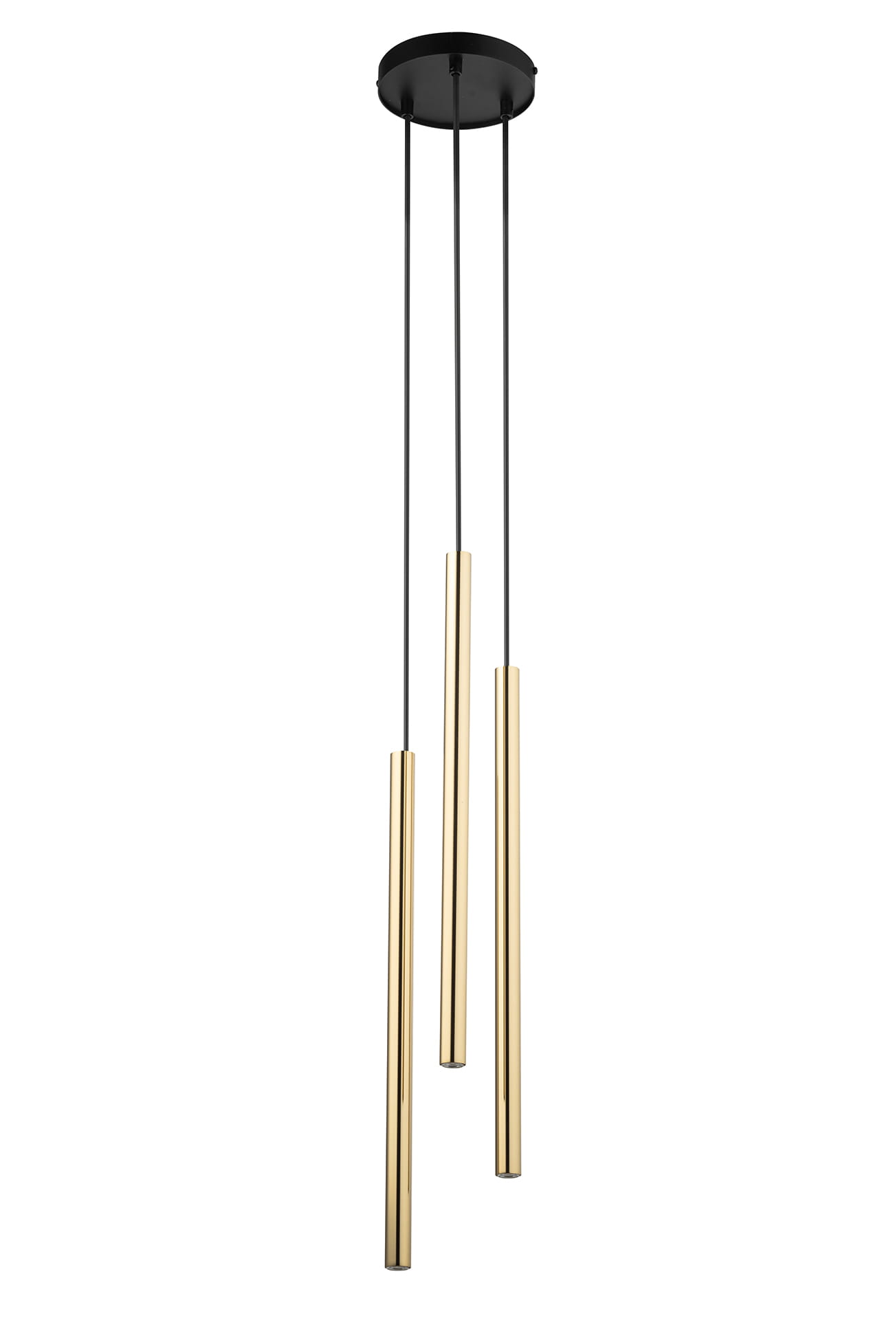 Lampa wisząca Sopel Lux z trzema cylindrycznymi źródłami światła G9 w kolorze czarnym i złotym. Ułożona w pionie, zawieszona na czarnych linkach, z metalowym, okrągłym mocowaniem sufitowym. Elegancki design z nowoczesnym akcentem.