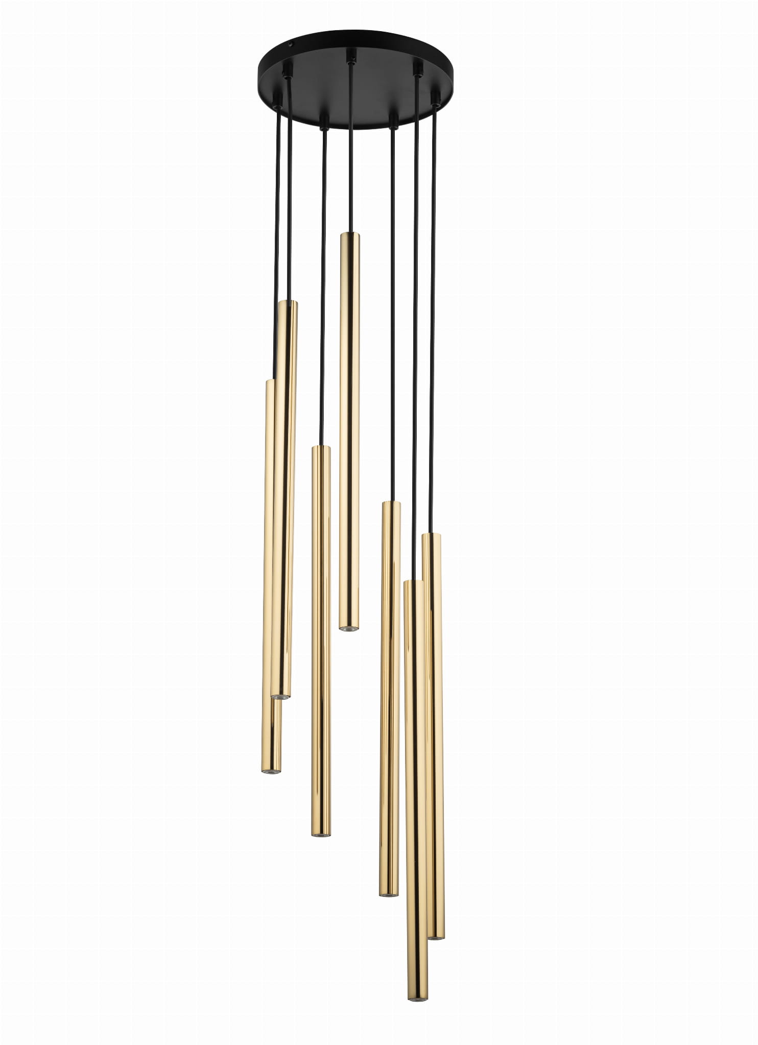 Lampa wisząca Sopel Lux z siedmioma cylindrycznymi kloszami w kolorze złotym, zawieszona na czarnych linkach. Posiada okrągłą podstawę mocującą w czerni. Klosze różnej długości, tworzą nowoczesny efekt wizualny, idealna do nowoczesnych wnętrz.