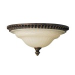 Plafon Drawing Room z postarzanym brązem, z dwoma gniazdami E27. Okrągła, matowa klosz w kolorze białym z delikatnym wzorem, ozdobna krawędź z wypukłym detalem. Montaż sufitowy, elegancki design, idealny do wnętrz w stylu klasycznym.