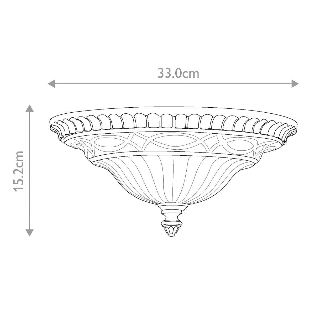 Plafon Drawing Room w kolorze postarzanym brązu, o średnicy 33 cm i wysokości 15,2 cm. Owalny kształt z dekoracyjnym brzegiem oraz gładką, teksturowaną powierzchnią. Przeznaczony na dwie żarówki E27, zamontowany na suficie.