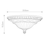 Plafon Drawing Room w kolorze postarzanym brązu, o średnicy 33 cm i wysokości 15,2 cm. Owalny kształt z dekoracyjnym brzegiem oraz gładką, teksturowaną powierzchnią. Przeznaczony na dwie żarówki E27, zamontowany na suficie.