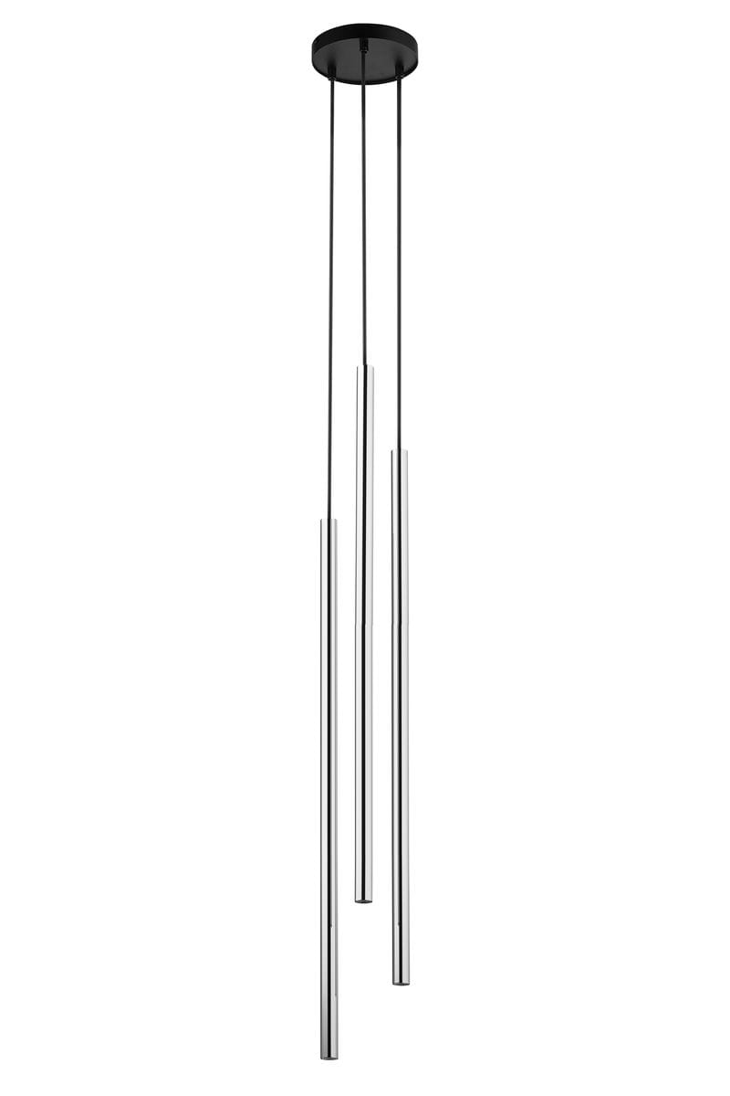 Lampa wisząca Sopel Lux H75 z trzema metalowymi rurkami w kolorze srebrnym na czarnych linkach. Rurki mają różne długości, zawieszone na okrągłym, czarnym stropie. Produkt ma nowoczesny design, idealny do wnętrz.