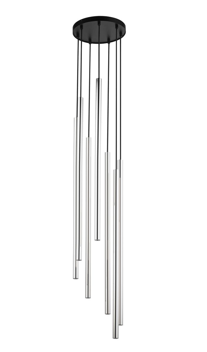 Lampa wisząca Sopel Lux H75 z siedmioma źródłami światła G9, w kolorze czarnym i srebrnym. Zawieszona na cienkich linkach, z cylindrycznymi, przezroczystymi kloszami o różnej długości. Montaż sufitowy, nowoczesny design.