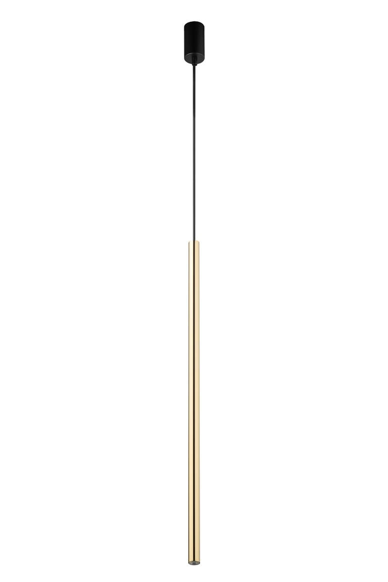 Lampa wisząca Sopel Lux H75 z jedną oprawą G9. Korpus w kolorze złotym z długim, prostym kształtem, zawieszony na czarnym przewodzie. Górna część w kolorze czarnym. Produkt w pozycji wiszącej, na jednolitym tle.