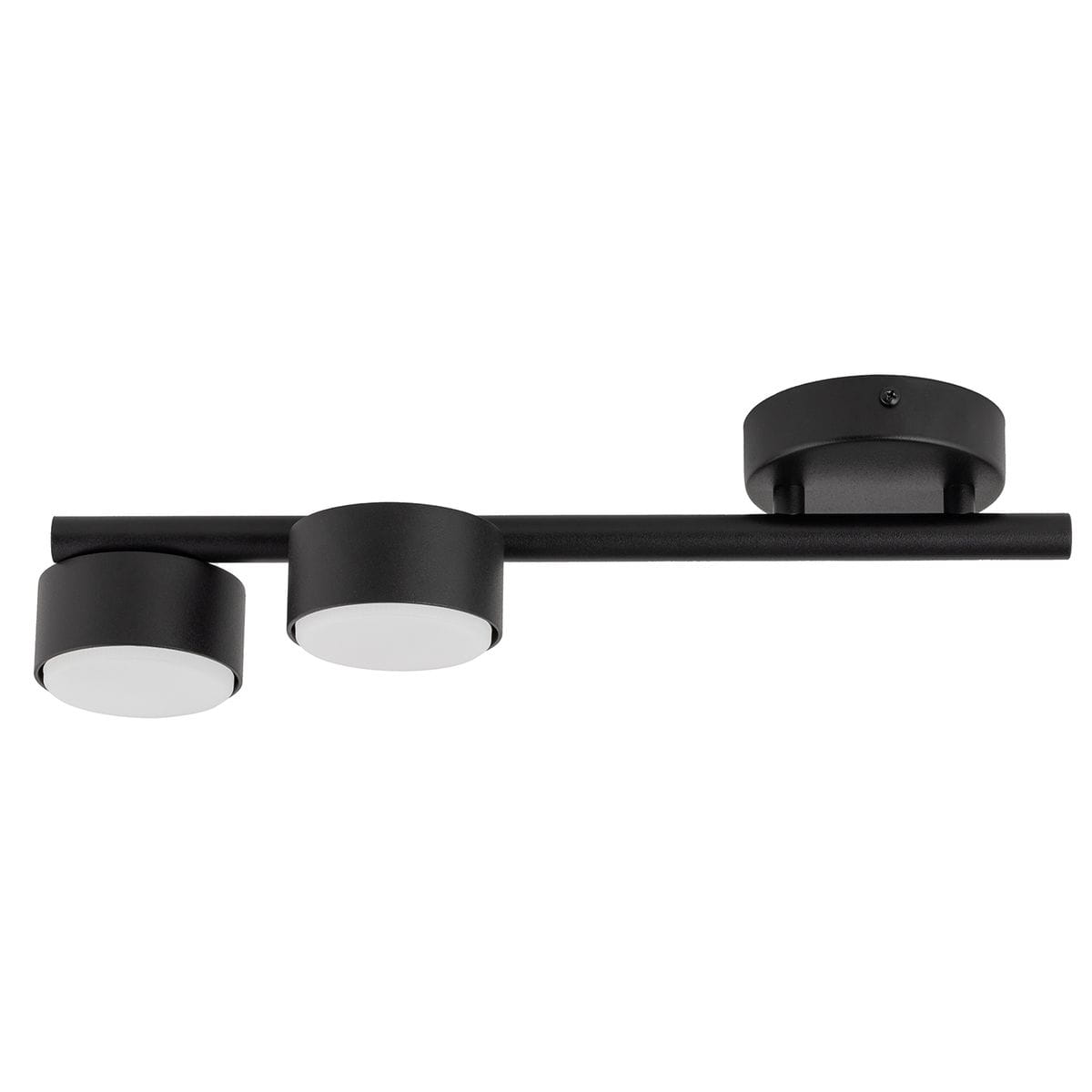 Czarna lampa sufitowa Punto z dwoma okrągłymi kloszami GX53, zamontowana na prostokątnym uchwycie. Klosze mają matowe białe wykończenie, całość utrzymana w minimalistycznym stylu. Produkt widoczny z boku, na prostym, jasnym tle.
