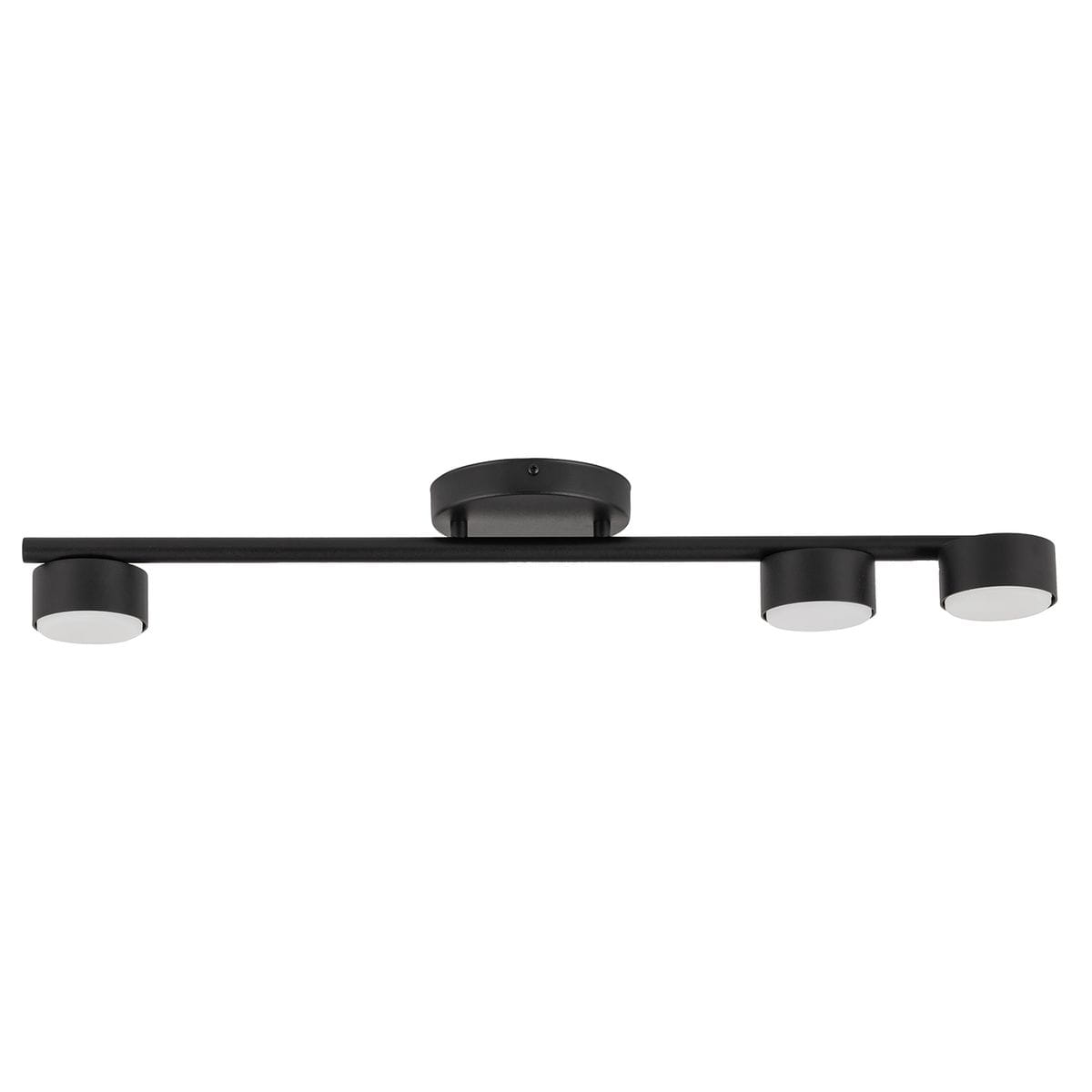 Czarna lampa sufitowa Punto z trzema źródłami światła GX53. Prosta, minimalistyczna konstrukcja z poziomą belką i okrągłymi kloszami. Ujęcie frontalne, produkt zamontowany na suficie, na białym tle.