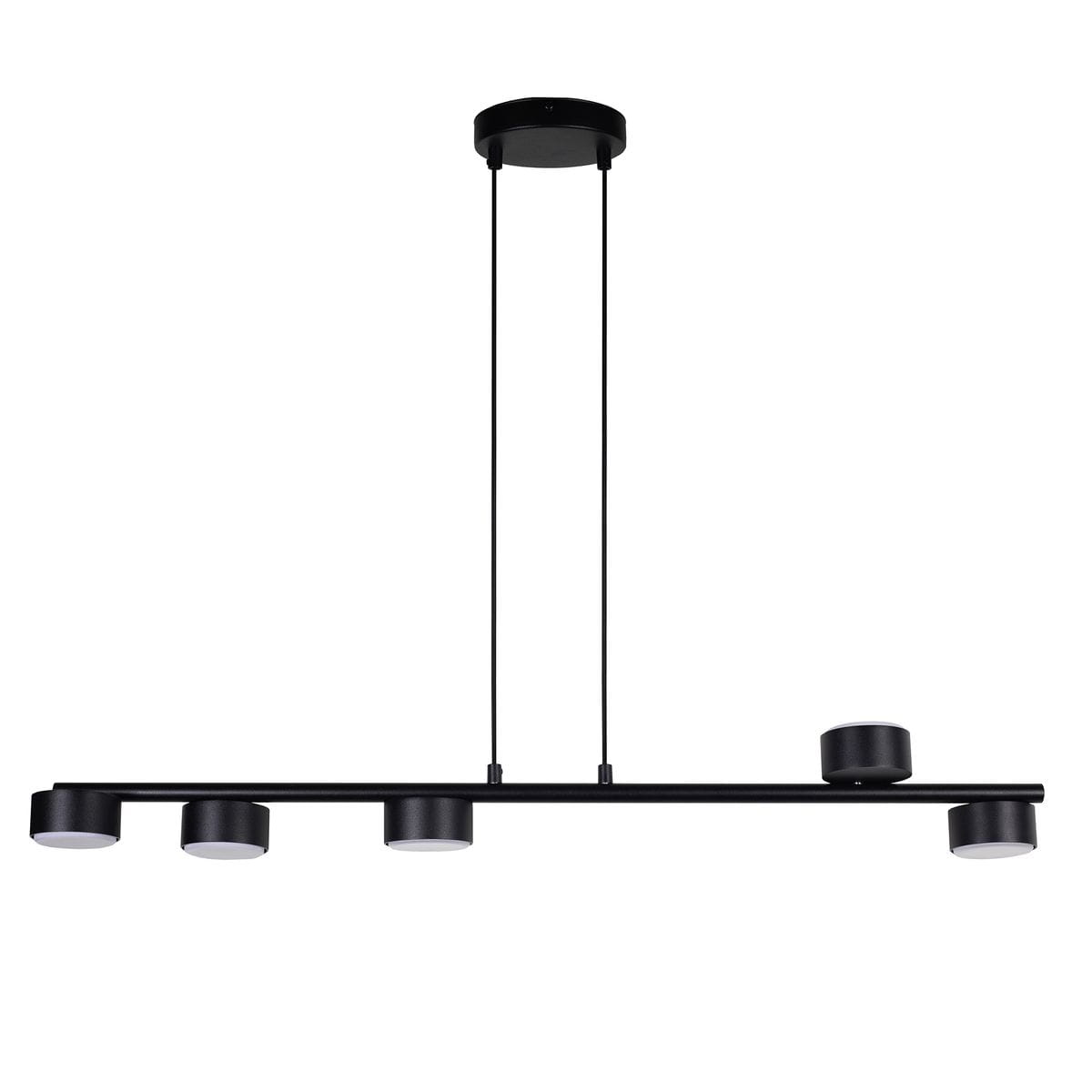 Lampa wisząca Punto w kolorze czarnym z pięcioma źródłami światła GX53. Posiada prostą, nowoczesną konstrukcję z poziomą belką i okrągłymi oprawkami, zawieszona na dwóch cienkich linkach. Idealna do nowoczesnych wnętrz.