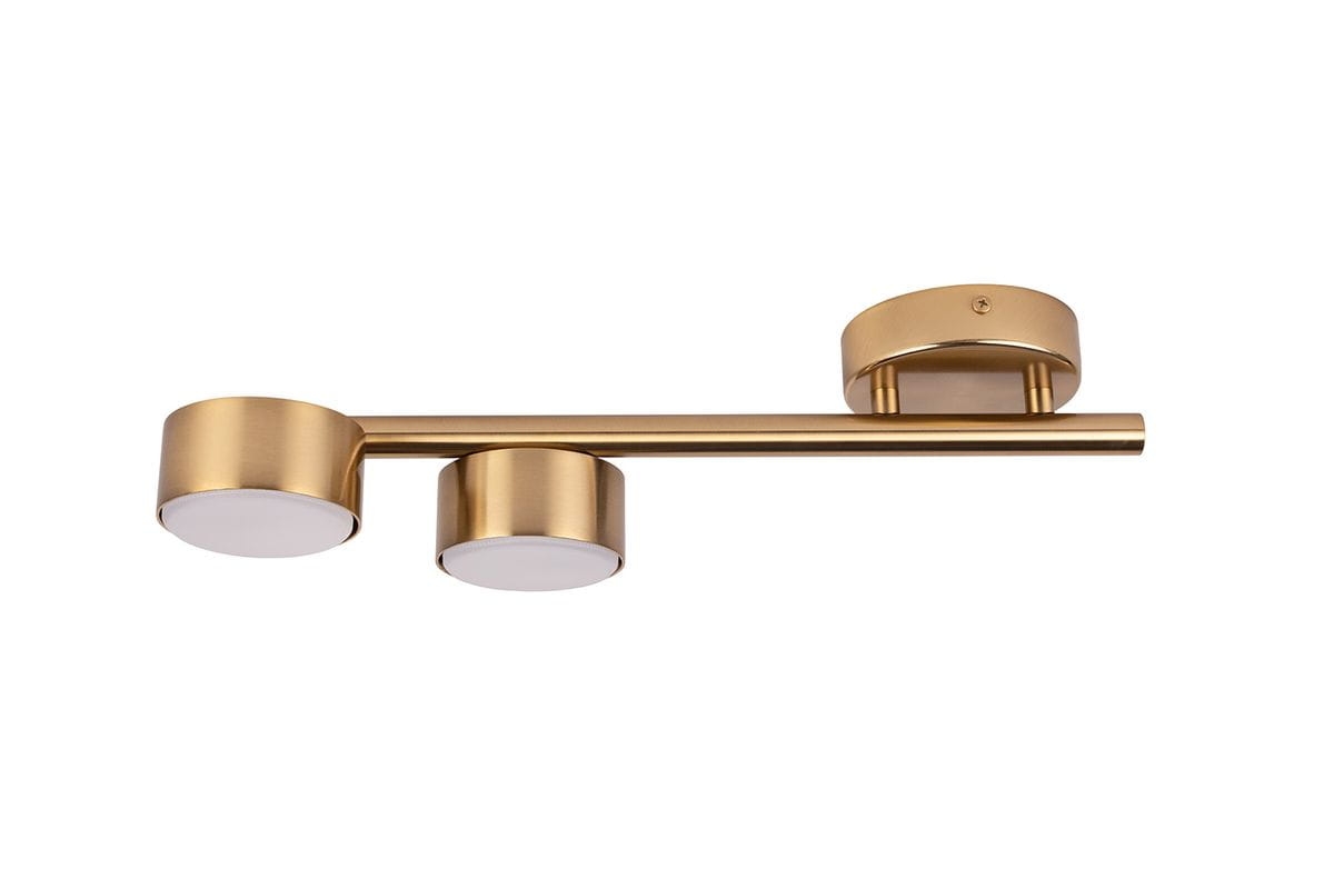 Lampa sufitowa Punto 2xGX53 w złotym kolorze, składająca się z dwóch okrągłych źródeł światła zamontowanych na prostokątnej metalowej ramie. Ujęcie frontalne, pokazujące gładką, matową powierzchnię i minimalistyczny design.