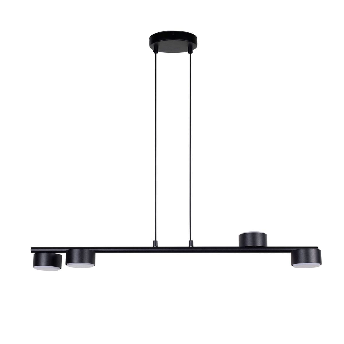 Czarna lampa wisząca Punto z czterema źródłami światła GX53, o minimalistycznym designie. Produkt zawieszony na dwóch cienkich linkach, z prostokątną podsufitką. Idealna do nowoczesnych wnętrz.