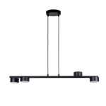 Czarna lampa wisząca Punto z czterema źródłami światła GX53, o minimalistycznym designie. Produkt zawieszony na dwóch cienkich linkach, z prostokątną podsufitką. Idealna do nowoczesnych wnętrz.