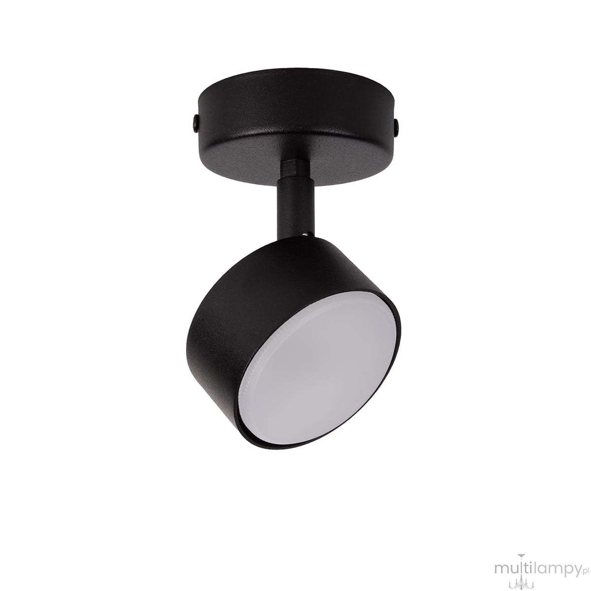 Czarna lampa sufitowa Nemo H15 z jednym spotem, zamontowana na okrągłym, płaskim mocowaniu. Kąt ujęcia z boku, pokazujący zaokrągloną głowicę z białym kloszem. Idealna do oświetlenia różnych pomieszczeń.
