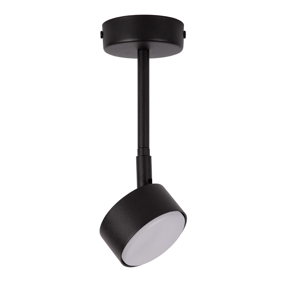 Lampa wisząca Nemo H24 w kolorze czarnym z jedną oprawką GX53. Kształt okrągły z matowym wykończeniem. Ujęcie z boku, zawieszona na cienkim przewodzie, z okrągłą podsufitką. Prosta forma pasująca do nowoczesnych wnętrz.