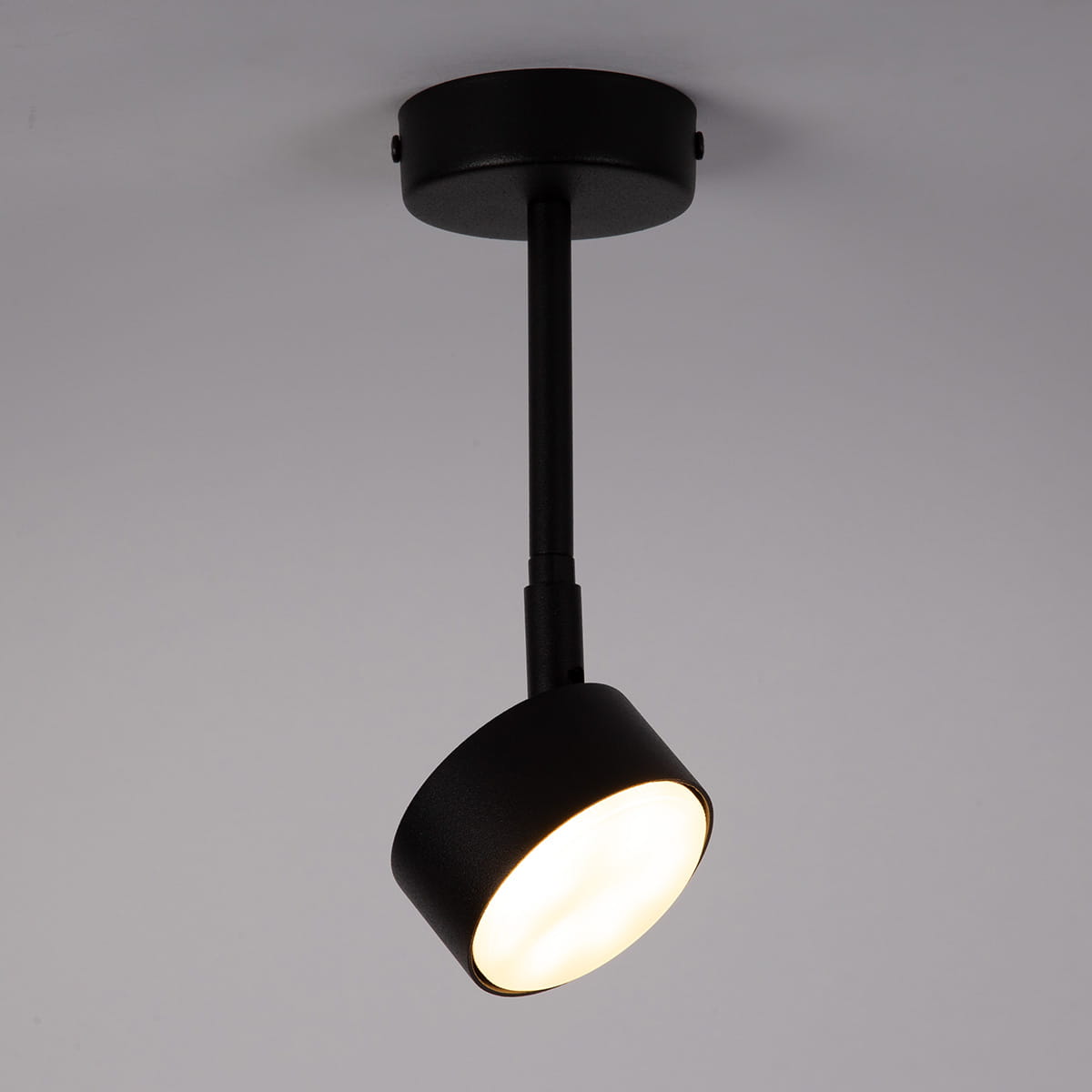 Czarna lampa wisząca Nemo H24 z jedną oprawą GX53, umieszczona na cienkim, prostym ramieniu. Kąt ujęcia z dołu, ukazujący okrągły klosz z białym wnętrzem, emitującym światło. Montaż sufitowy, minimalistyczny design. Tło jasne, neutralne.