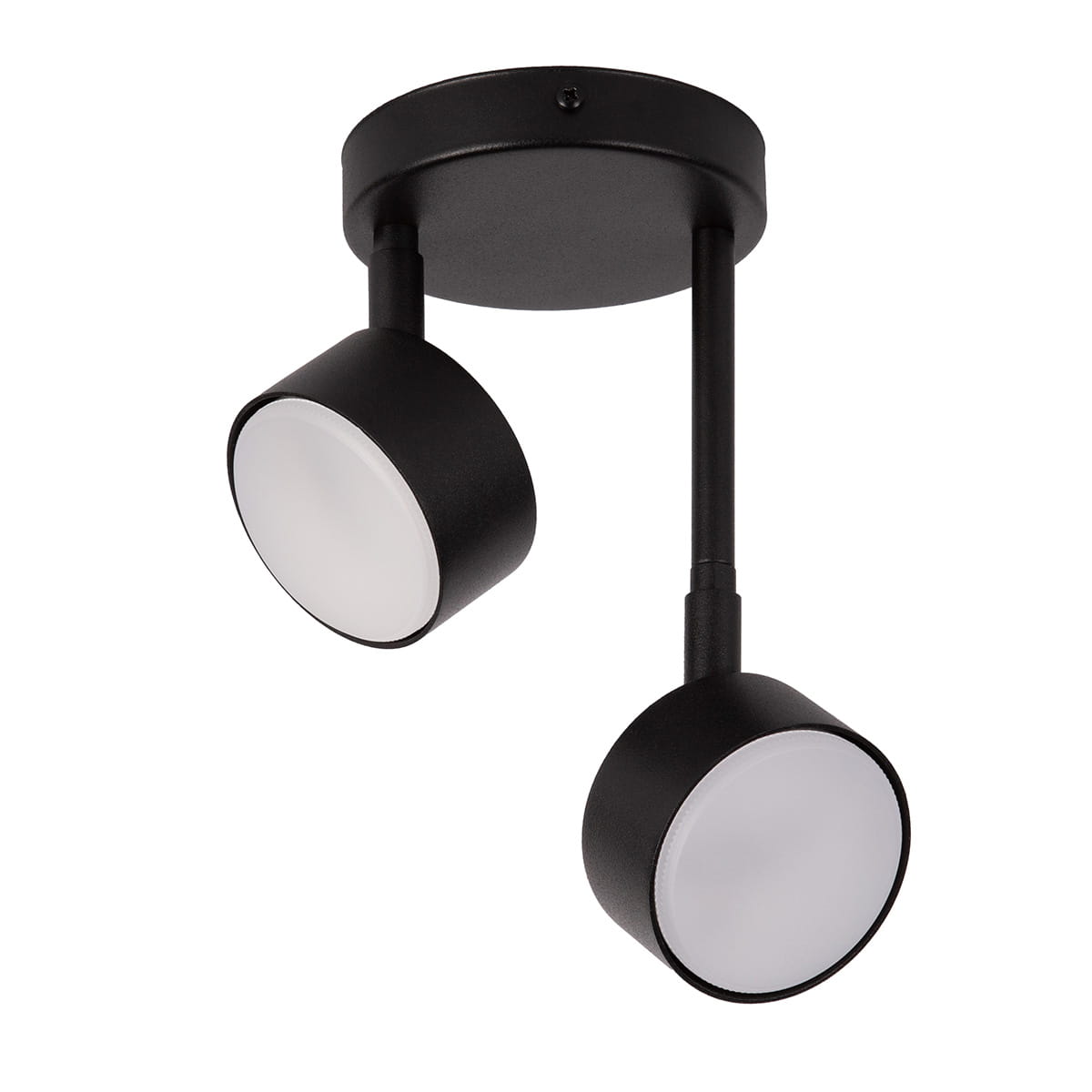 Lampa wisząca Nemo w kolorze czarnym, z dwoma okrągłymi kloszami z białego szkła. Ujęcie z dołu, lampy zamontowane na okrągłej podstawie. Wysokie, proste ramiona łączące klosze z podstawą, nadające nowoczesny wygląd.