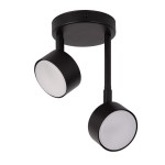 Lampa wisząca Nemo w kolorze czarnym, z dwoma okrągłymi kloszami z białego szkła. Ujęcie z dołu, lampy zamontowane na okrągłej podstawie. Wysokie, proste ramiona łączące klosze z podstawą, nadające nowoczesny wygląd.