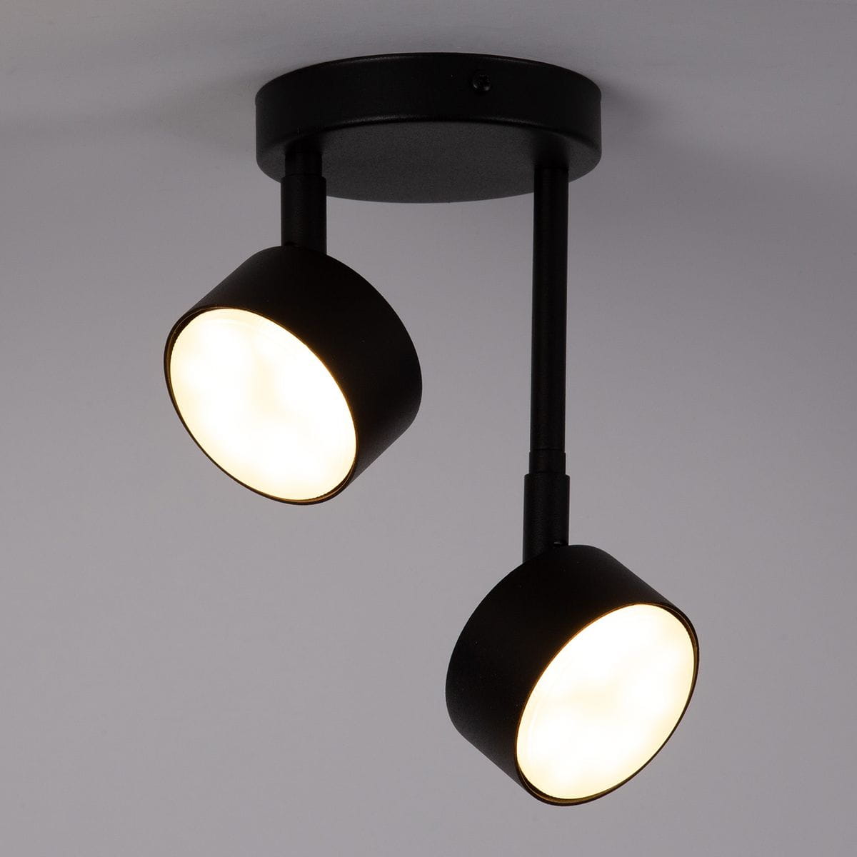Lampa wisząca Nemo z dwoma reflektorami na czarnej podstawie. Reflektory mają okrągły kształt i emitują ciepłe światło. Położona pod kątem, wisi z sufitu, idealna do nowoczesnych wnętrz.