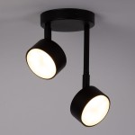 Lampa wisząca Nemo z dwoma reflektorami na czarnej podstawie. Reflektory mają okrągły kształt i emitują ciepłe światło. Położona pod kątem, wisi z sufitu, idealna do nowoczesnych wnętrz.
