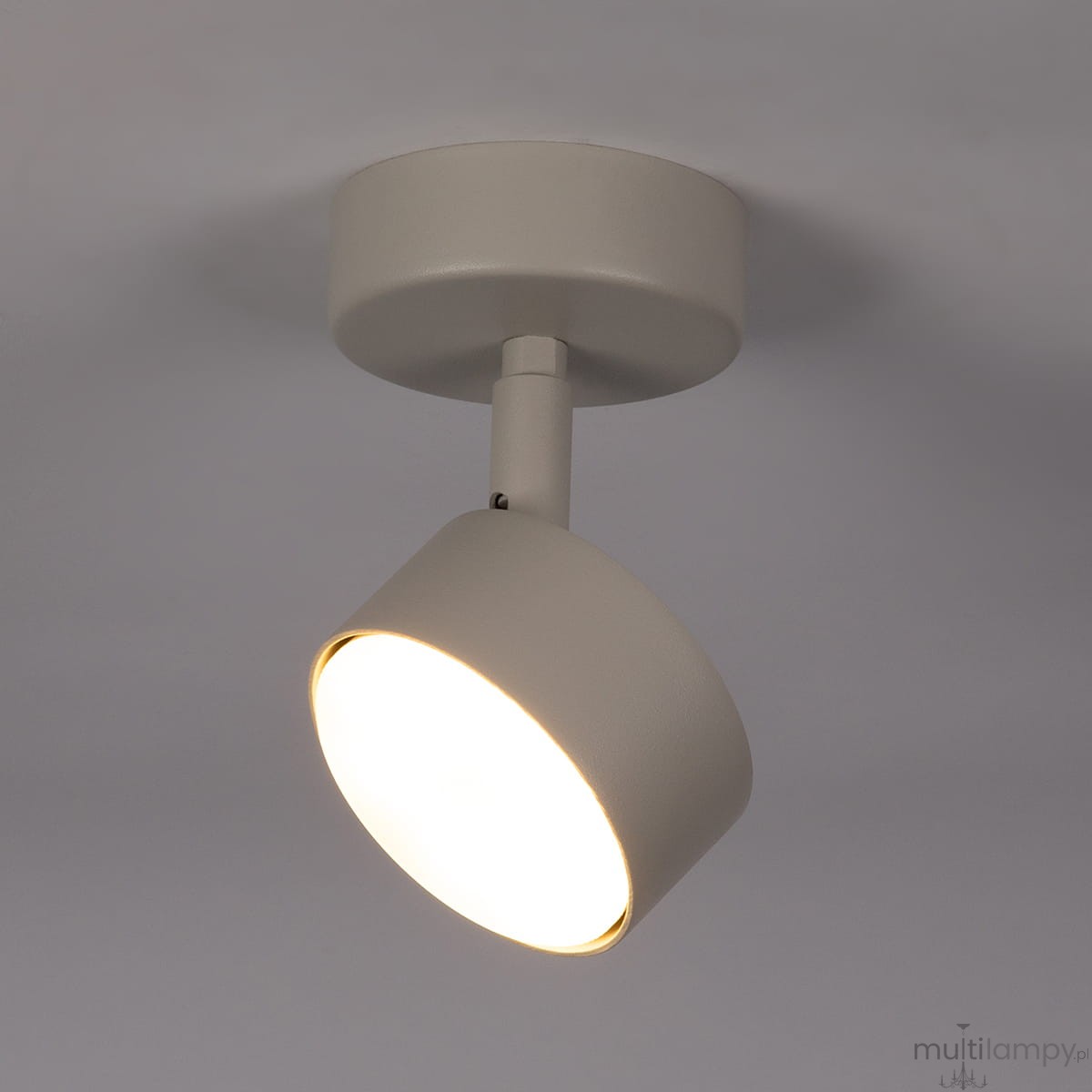 Lampa sufitowa Nemo H15 w kolorze szarym/beżowym, z metalowym kloszem w kształcie stożka, zamontowana na okrągłej podstawie. Klosz skierowany w dół, z miejscem na żarówkę GX53. Prosty design, odpowiednia do oświetlenia wnętrz.