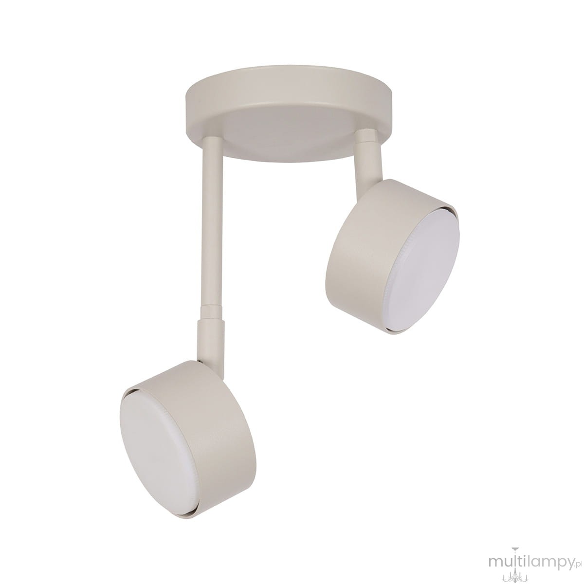 Lampa wisząca Nemo w kolorze szarym i beżowym, z dwoma okrągłymi kloszami na metalowych ramionach, zamontowana na okrągłej podstawie. Klosze skierowane są w różnych kierunkach, co umożliwia regulację oświetlenia.