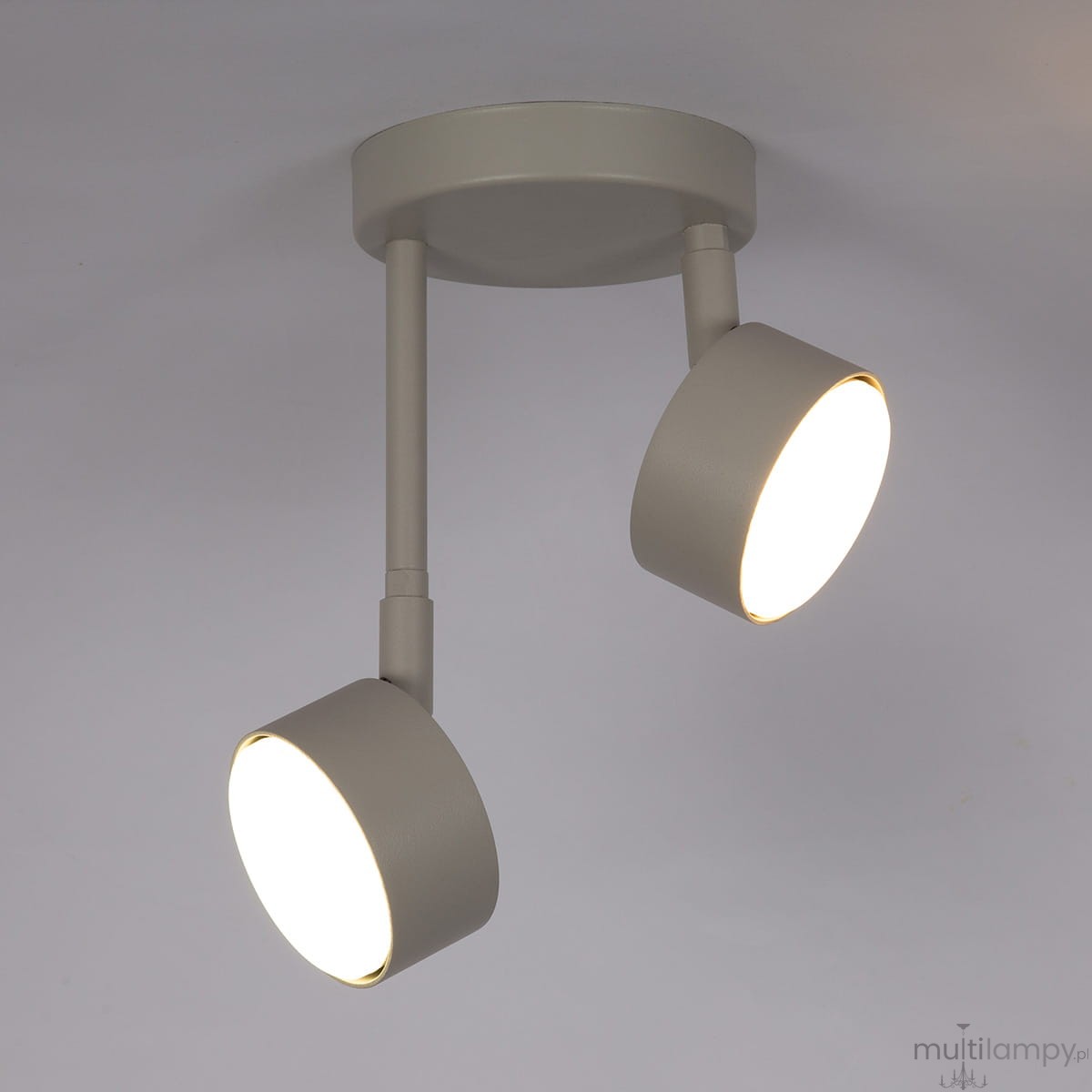 Lampa wisząca Nemo z dwoma reflektorami, w odcieniu szaro-beżowym. Posiada okrągłą podstawę i dwa ruchome klosze, które emitują światło. Ujęcie z góry, na jednolitym tle. Wymiary kloszy są średnie, co sprawia, że lampa jest odpowiednia do różnych wnętrz.