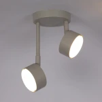 Lampa wisząca Nemo z dwoma reflektorami, w odcieniu szaro-beżowym. Posiada okrągłą podstawę i dwa ruchome klosze, które emitują światło. Ujęcie z góry, na jednolitym tle. Wymiary kloszy są średnie, co sprawia, że lampa jest odpowiednia do różnych wnętrz.