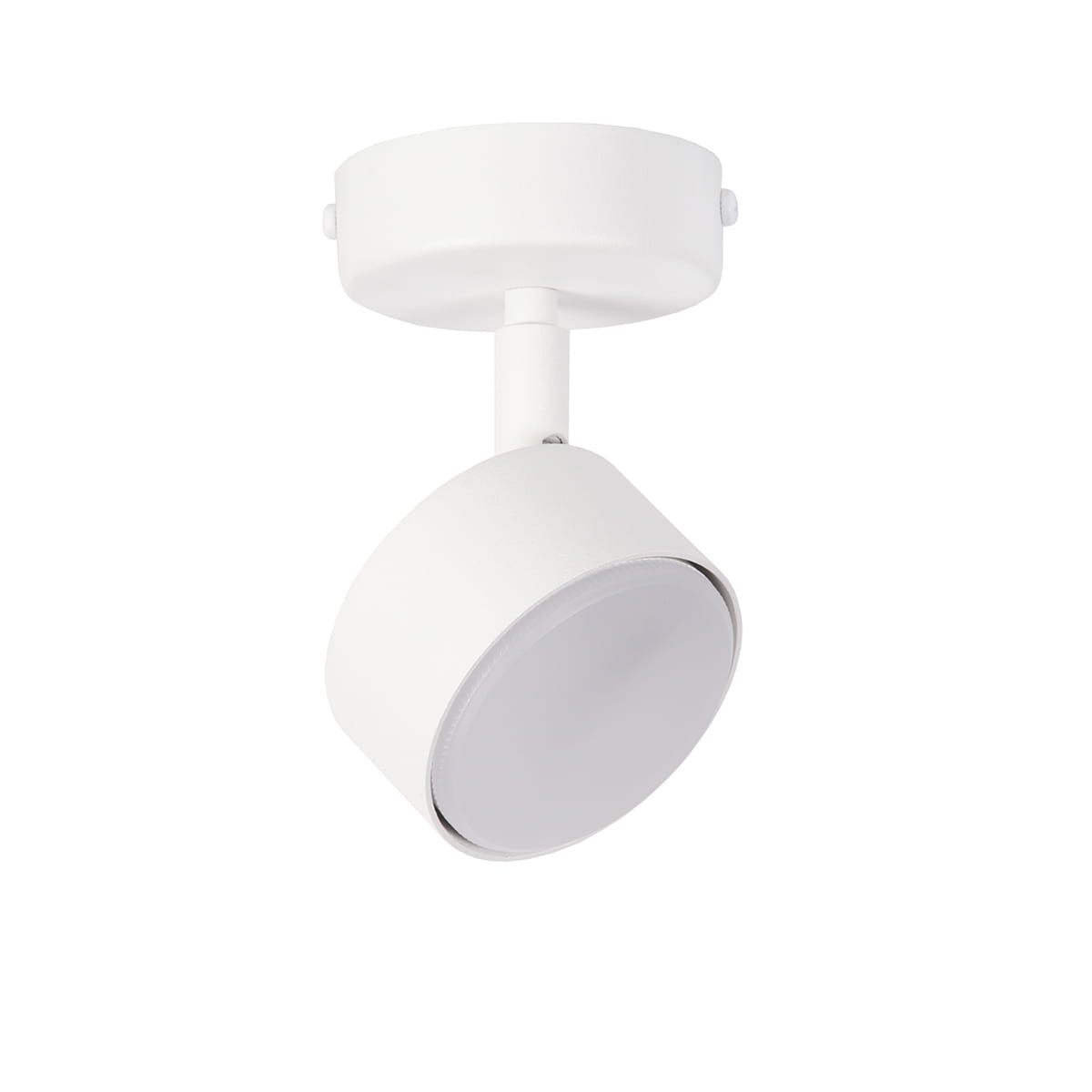 Biała lampa sufitowa typu spot Nemo H15 z jedną oprawą GX53. Ujęcie z boku, z widocznym okrągłym kloszem i montażem do sufitu. Gładka, matowa powierzchnia, minimalistyczny design.