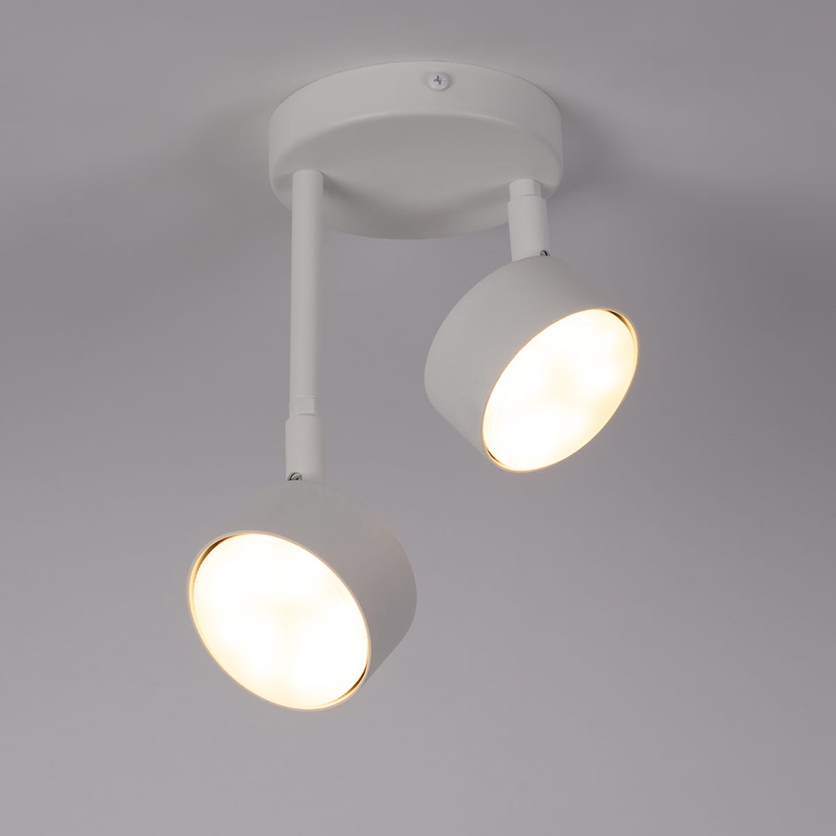 Lampa wisząca Nemo z dwoma źródłami światła GX53 w kolorze białym. Posiada okrągłe klosze zamocowane na krótkich rurkach, montowana do sufitu. Prosta, nowoczesna konstrukcja na jednolitym tle.