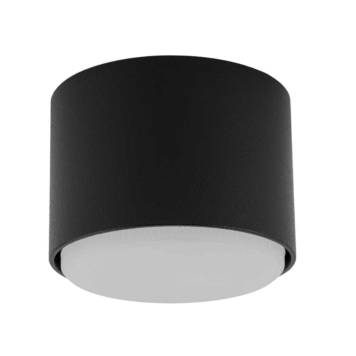 Lampa sufitowa Tubo H5,5 o czarnej, matowej obudowie, z białym kloszem na 1 żarówkę GX53. Ujęcie z boku, pokazujące okrągły kształt i teksturę materiału. Idealna do nowoczesnych wnętrz.