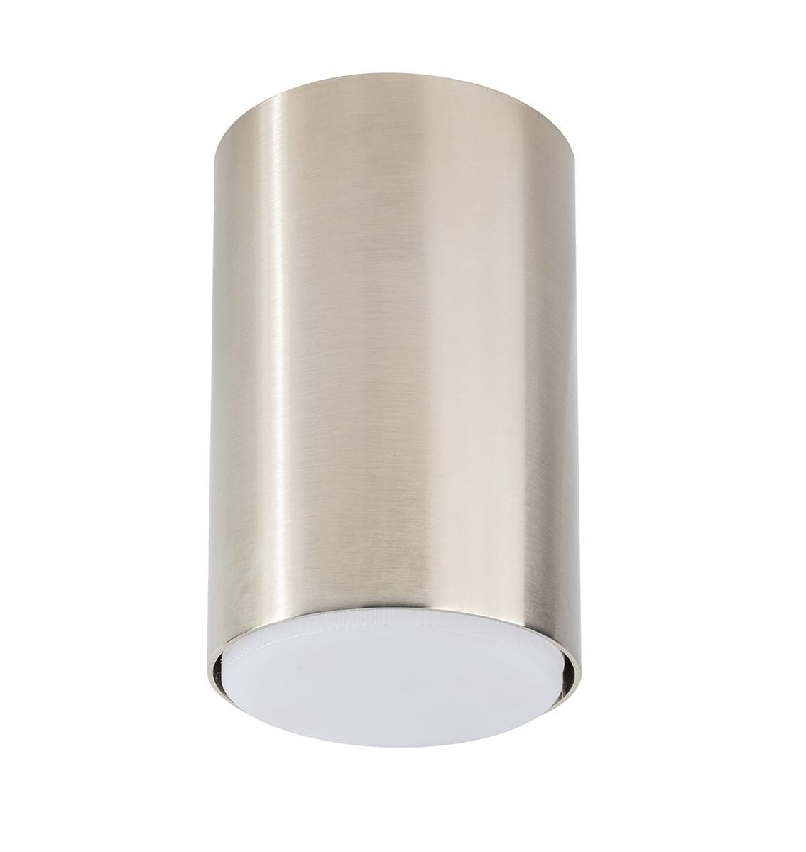 Lampa sufitowa Tubo H12,5 w kolorze srebrnym, cylindryczna, z oprawą na żarówkę GX53. Ujęcie z dołu, z widocznym białym kloszem na spodzie. Gładka, matowa powierzchnia metalowa, wisząca w pionie.