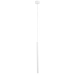Lampa wisząca Etna Plus w białym kolorze z jednym miejscem na żarówkę G9. Posiada minimalistyczny, cylindryczny kształt, zawieszona na cienkim przewodzie, montowana na sufitowej podstawie. Tło zdjęcia jest jasne, co podkreśla jej prostotę.