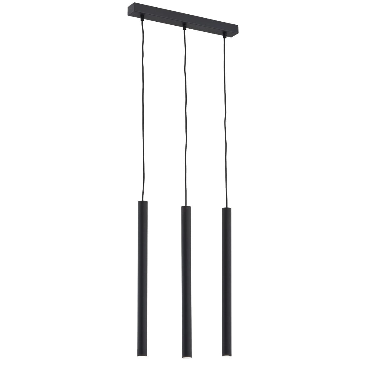 Lampa wisząca Etna Plus z trzema cylindrycznymi kloszami w kolorze czarnym, zawieszona na prostokątnej podstawie. Klosze mają matową powierzchnię i są umieszczone na długich przewodach, co tworzy nowoczesny design.