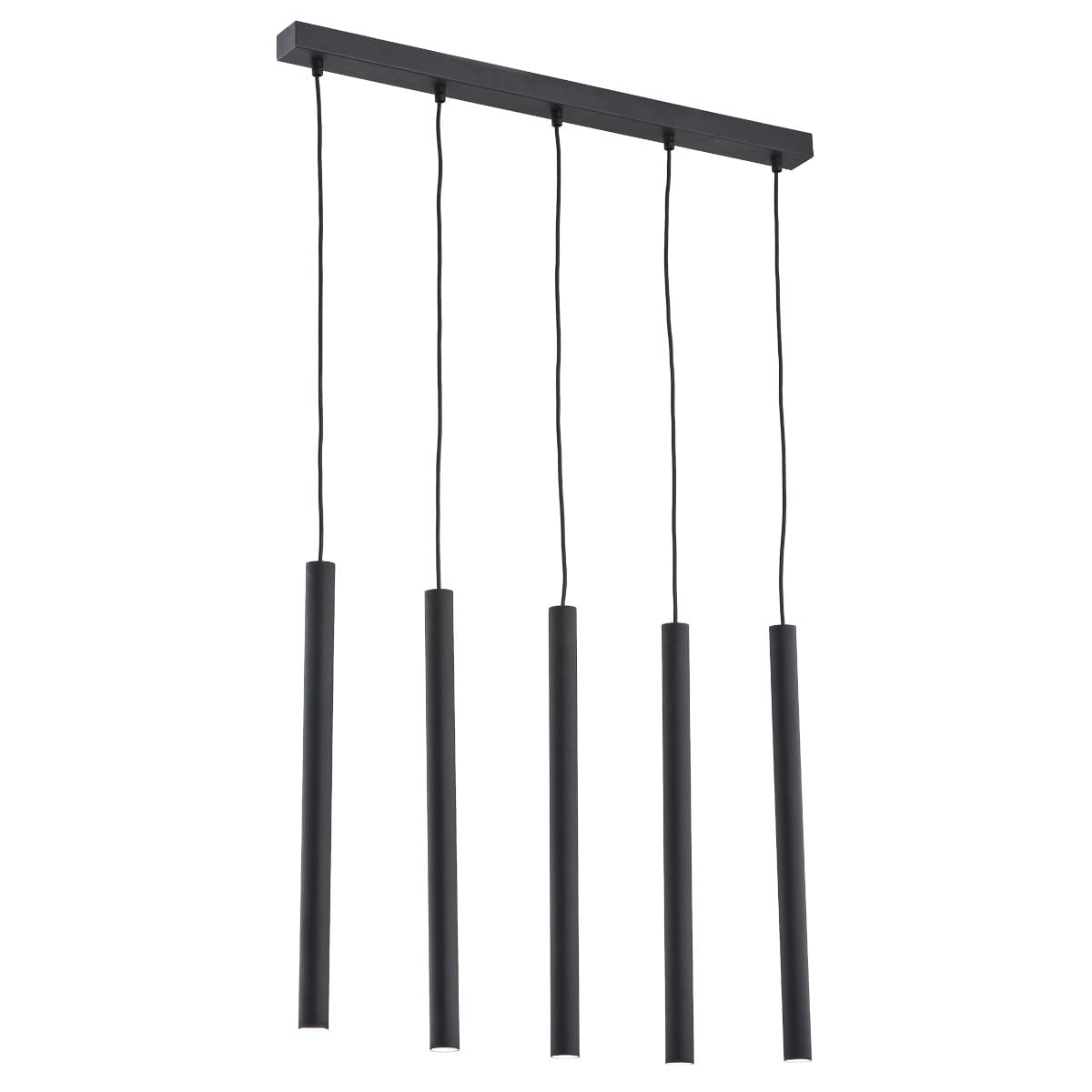 Lampa wisząca Etna Plus z pięcioma punktami świetlnymi G9, w czarnym kolorze. Składa się z prostokątnej podstawy i pięciu długich, cylindrycznych kloszy zwisających na cienkich linkach. Idealna do nowoczesnych wnętrz.