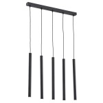 Lampa wisząca Etna Plus z pięcioma punktami świetlnymi G9, w czarnym kolorze. Składa się z prostokątnej podstawy i pięciu długich, cylindrycznych kloszy zwisających na cienkich linkach. Idealna do nowoczesnych wnętrz.