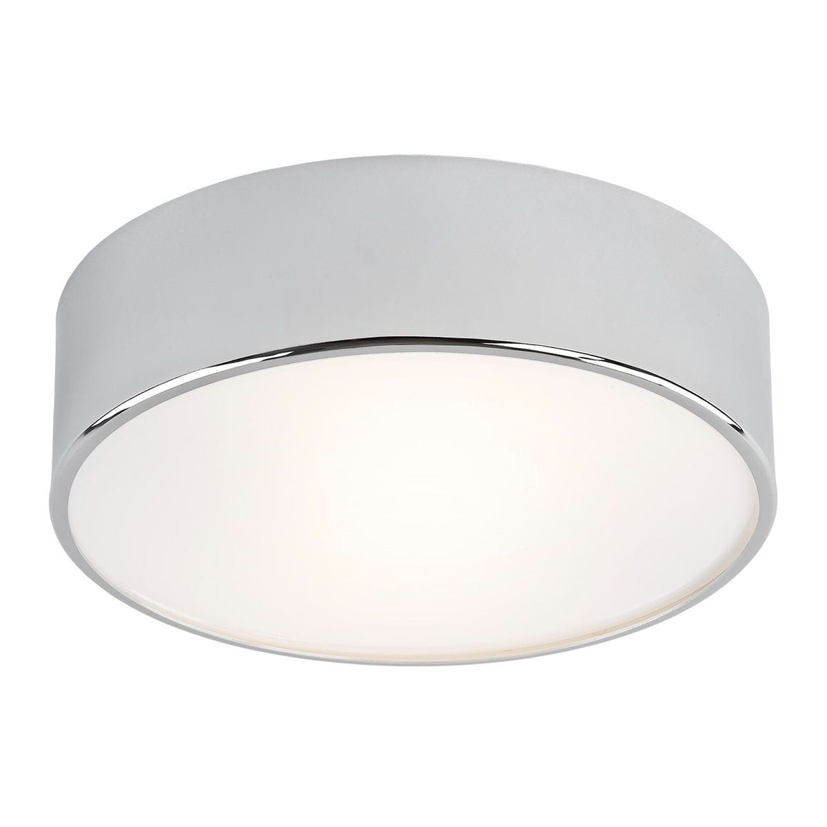 Plafon Darling D35 z metalowym wykończeniem w kolorze chromu, z okrągłym, białym kloszem. Ujęcie frontalne, produkt zamontowany na suficie, przeznaczony do dwóch żarówek E27. Prosty design, idealny do nowoczesnych wnętrz.
