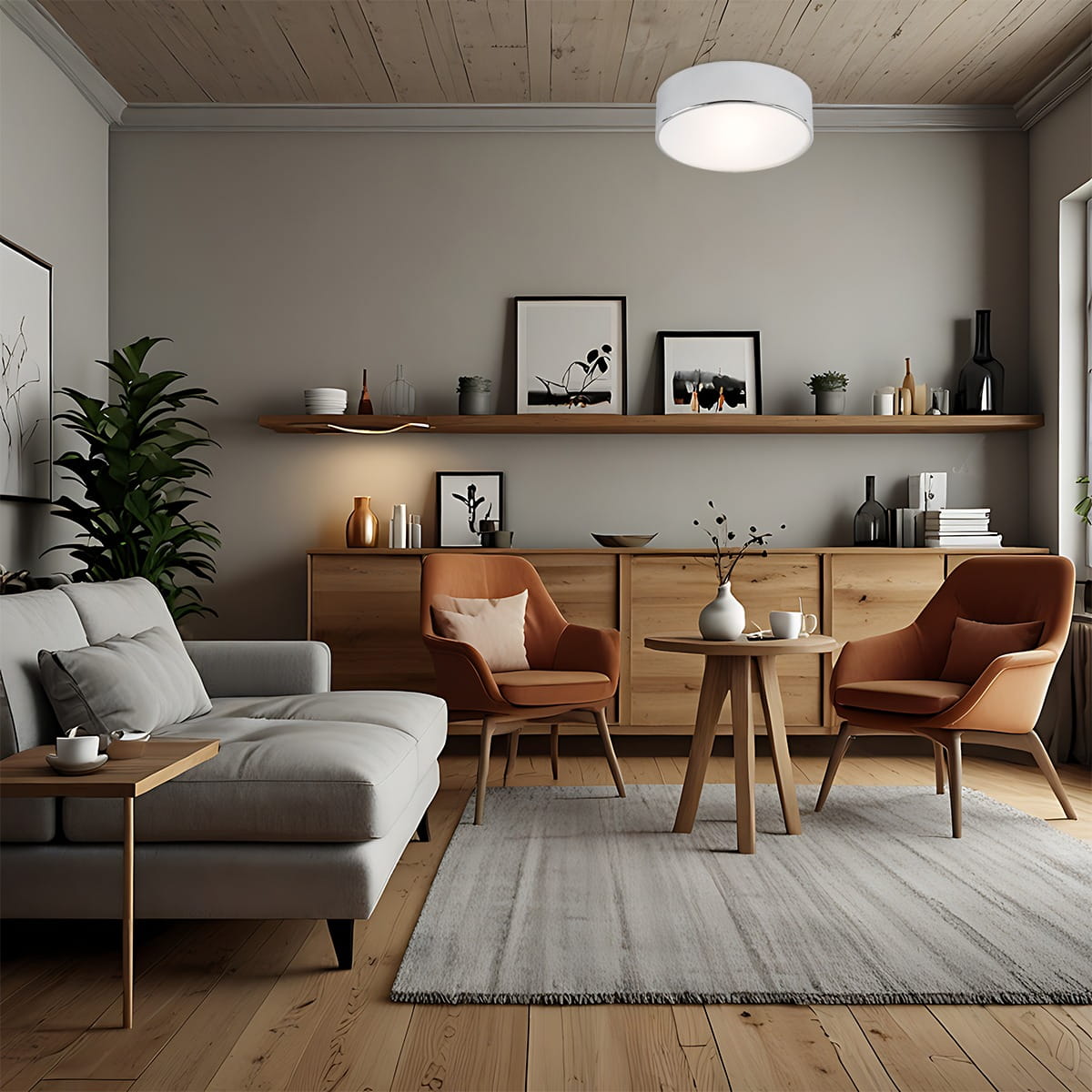 Plafon Darling D35 w chromowanej obudowie, montowany na suficie, z białym kloszem. Produkt w stylowym wnętrzu z drewnianymi meblami, na tle szarych ścian. Widoczna lampa o okrągłym kształcie i eleganckim wykończeniu, idealna do nowoczesnych aranżacji.