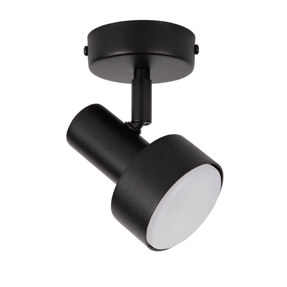 Czarna lampa sufitowa typu spot Mona H16 z jedną oprawą GX53, zamontowana na okrągłej podstawie. Ujęcie z boku ukazuje cylindryczny kształt oraz matowe wykończenie. Łatwy w montażu design idealny do nowoczesnych wnętrz.