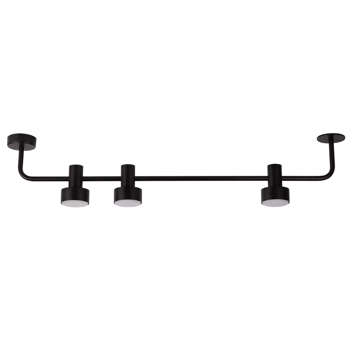 Lampa sufitowa Mona w kolorze czarnym, z trzema oprawami GX53. Prosty, nowoczesny design z okrągłymi kloszami na poziomej rurze, zamontowana do sufitu. Widoczny matowy materiał kloszy i metalowe detale.
