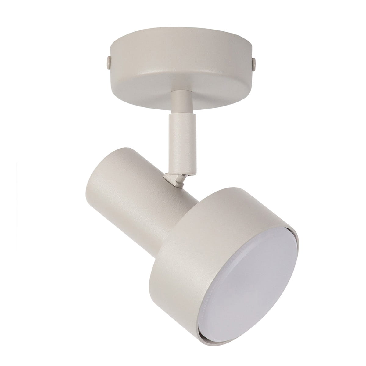 Lampa sufitowa Mona H16 w kolorze szarym/beżowym, z metalowym korpusem i okrągłą głowicą. Ujęcie z boku, pokazujące ruchomy element, mocowana do sufitu. Wymaga żarówki GX53.