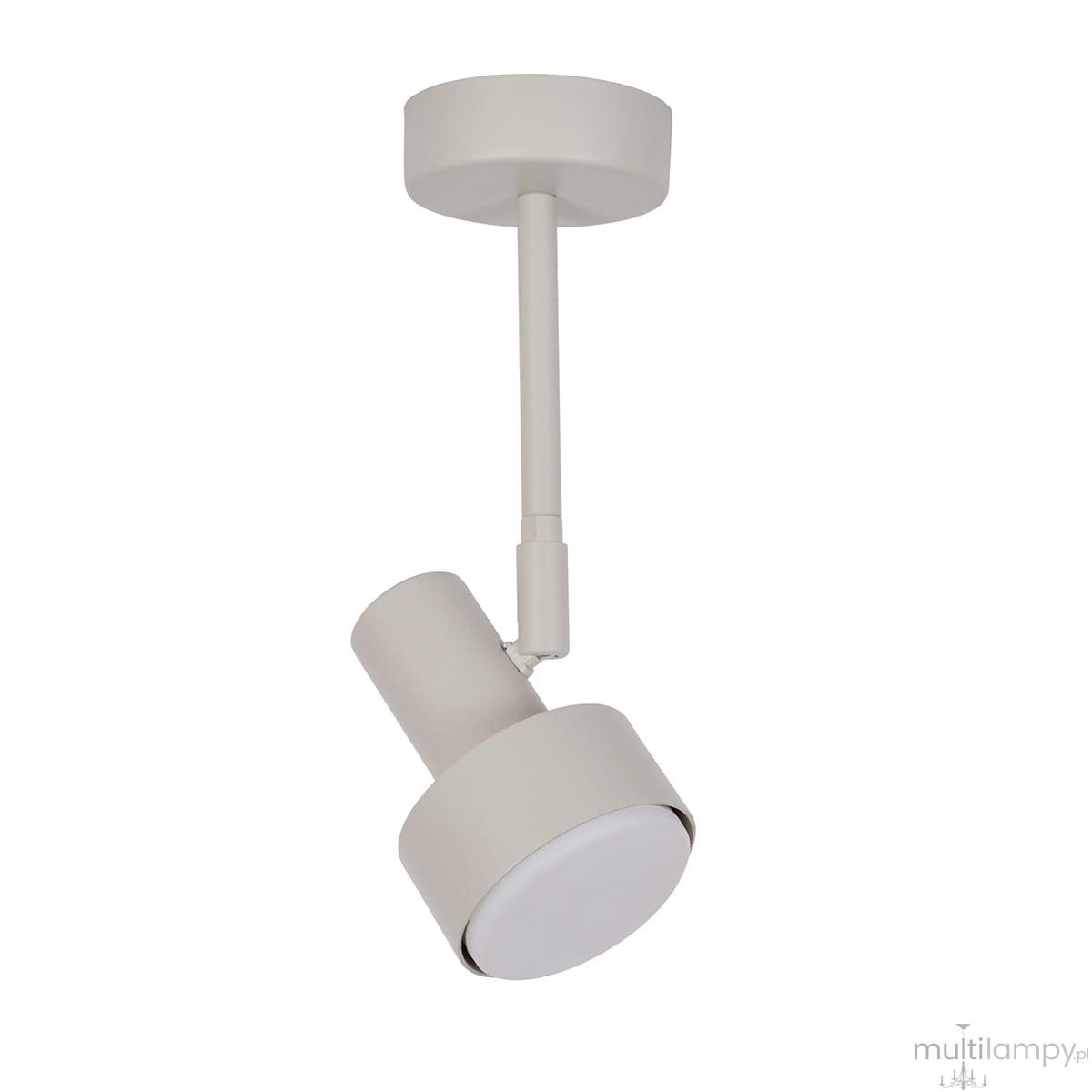 Lampa wisząca Mona H25 w kolorze szaro-beżowym, z metalowym kloszem w formie stożka, zawieszona na cienkim, prostym ramieniu. Źródło światła GX53 umieszczone w okrągłym, płaskim elemencie. Ujęcie z boku, na jasnym tle.