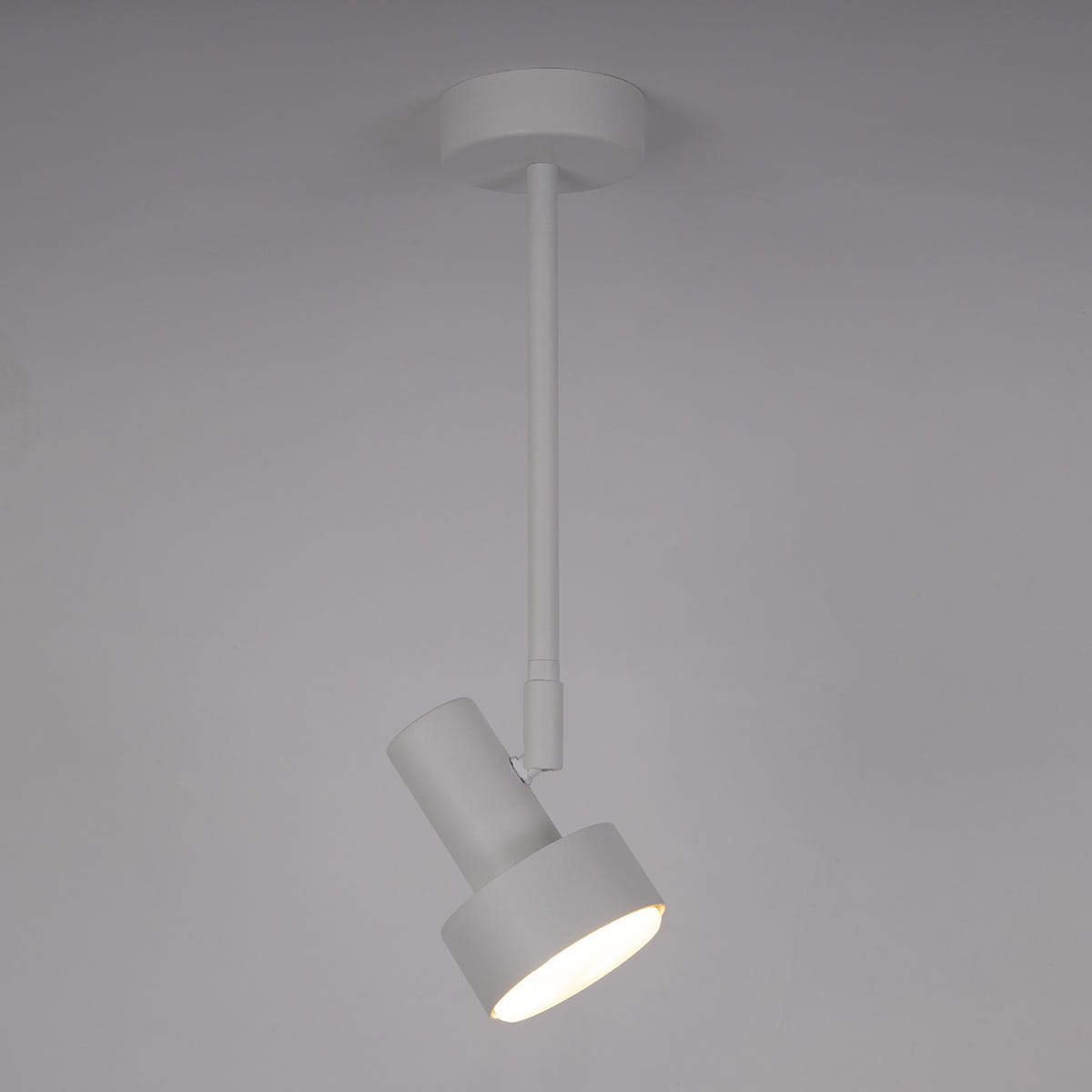 Lampa wisząca Mona H36 w białym kolorze, z jednym punktem świetlnym na gwint GX53. Posiada prosty, cylindryczny klosz skierowany w dół, zamontowany na długim, cienkim ramieniu, zawieszona na okrągłej podstawie.