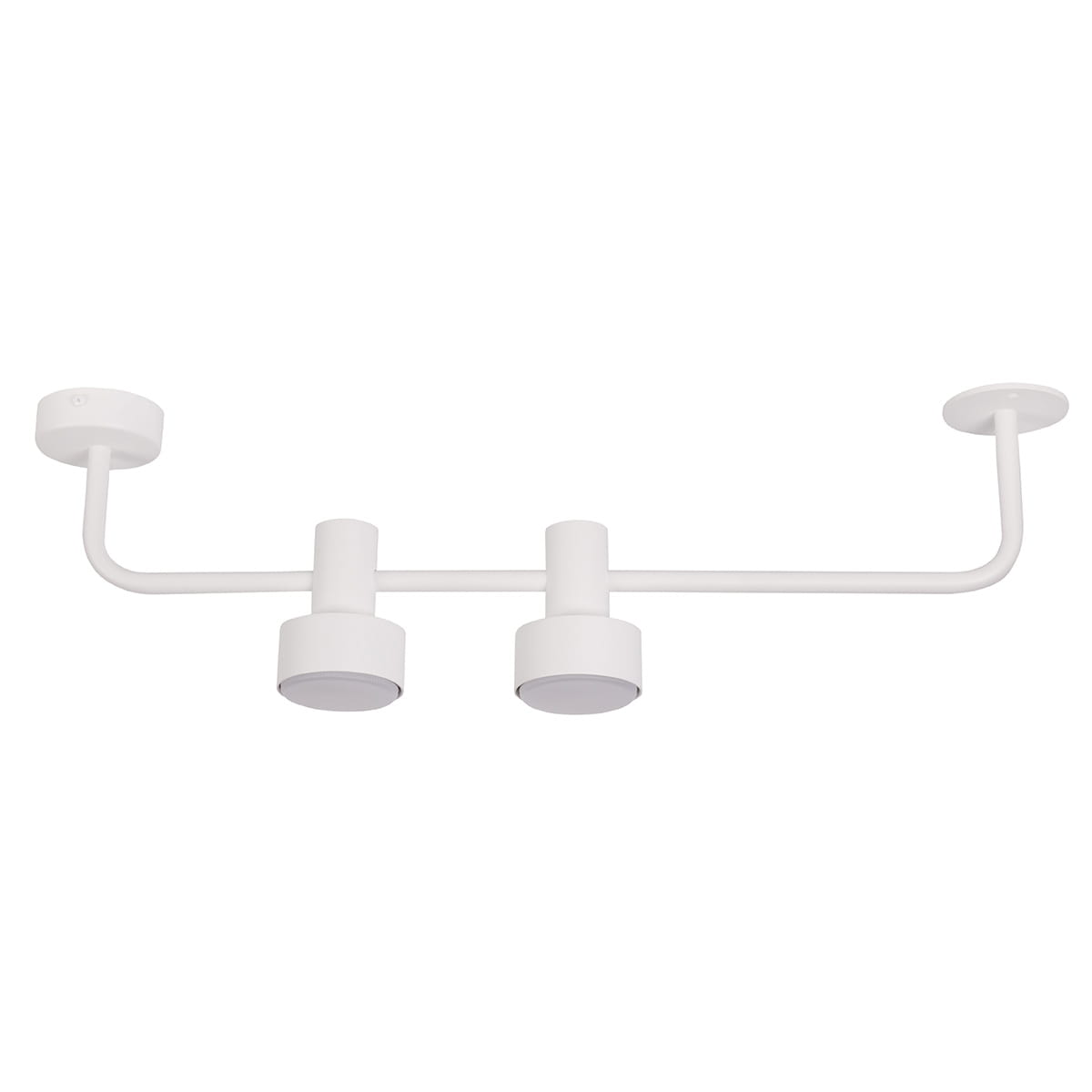 Lampa sufitowa Mona w kolorze białym, z dwoma punktami świetlnymi na ruchomych ramionach. Prosta konstrukcja z okrągłymi kloszami, montowana na suficie. Wykonana z metalu, o minimalistycznym designie, idealna do nowoczesnych wnętrz.