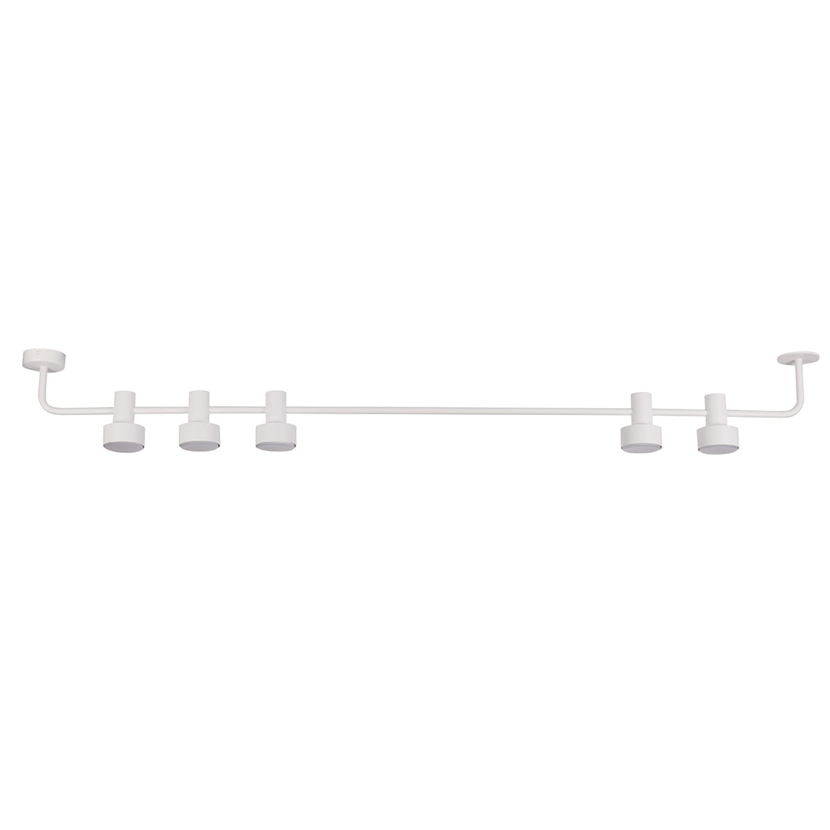 Biała lampa sufitowa Mona z pięcioma punktami świetlnymi GX53, zamontowana na długim, prostym ramieniu. Produkt ma minimalistyczny design, z okrągłymi kloszami umieszczonymi na równym poziomie, na jasnym tle.
