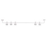 Biała lampa sufitowa Mona z pięcioma punktami świetlnymi GX53, zamontowana na długim, prostym ramieniu. Produkt ma minimalistyczny design, z okrągłymi kloszami umieszczonymi na równym poziomie, na jasnym tle.