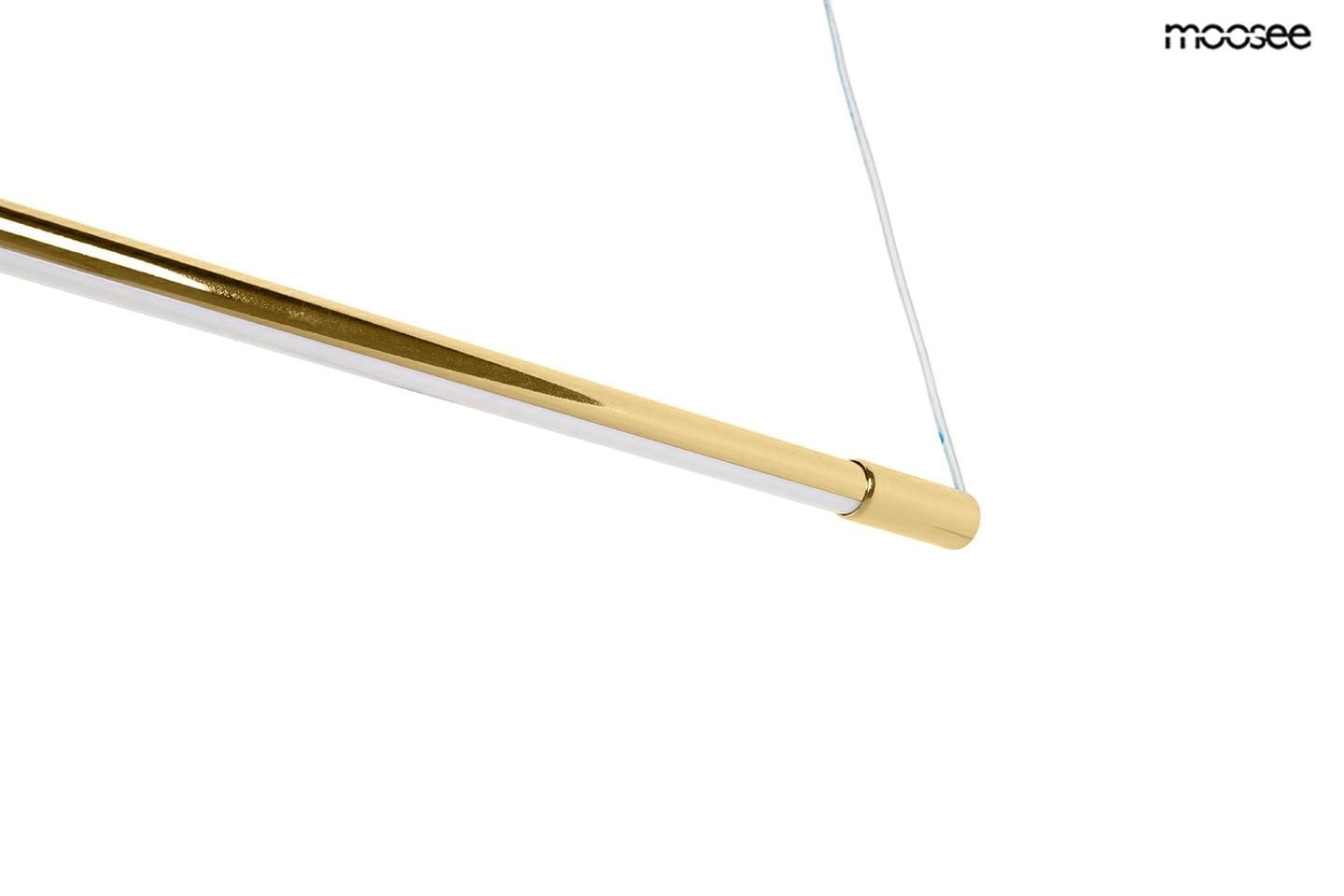 Złota lampa wisząca Ombre Level 100 LED, 1-punktowa, z prostokątnym metalowym kloszem i białym światłem. Produkt zawieszony na cienkim przewodzie, widok z boku, ukazujący połyskującą powierzchnię i elegancki design.