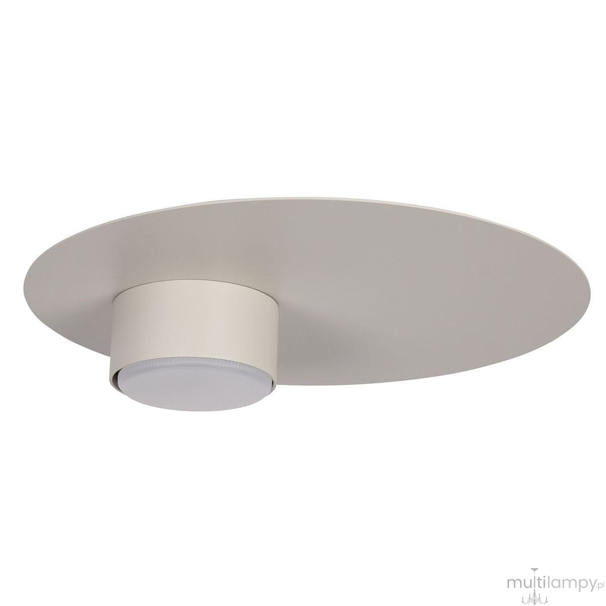Lampa sufitowa Star w kolorze szarym/beżowym, o okrągłym kształcie. Posiada pojedyncze źródło światła GX53 umieszczone w centralnej części. Ujęcie z góry, prezentujące minimalistyczny design i gładką, matową powierzchnię.
