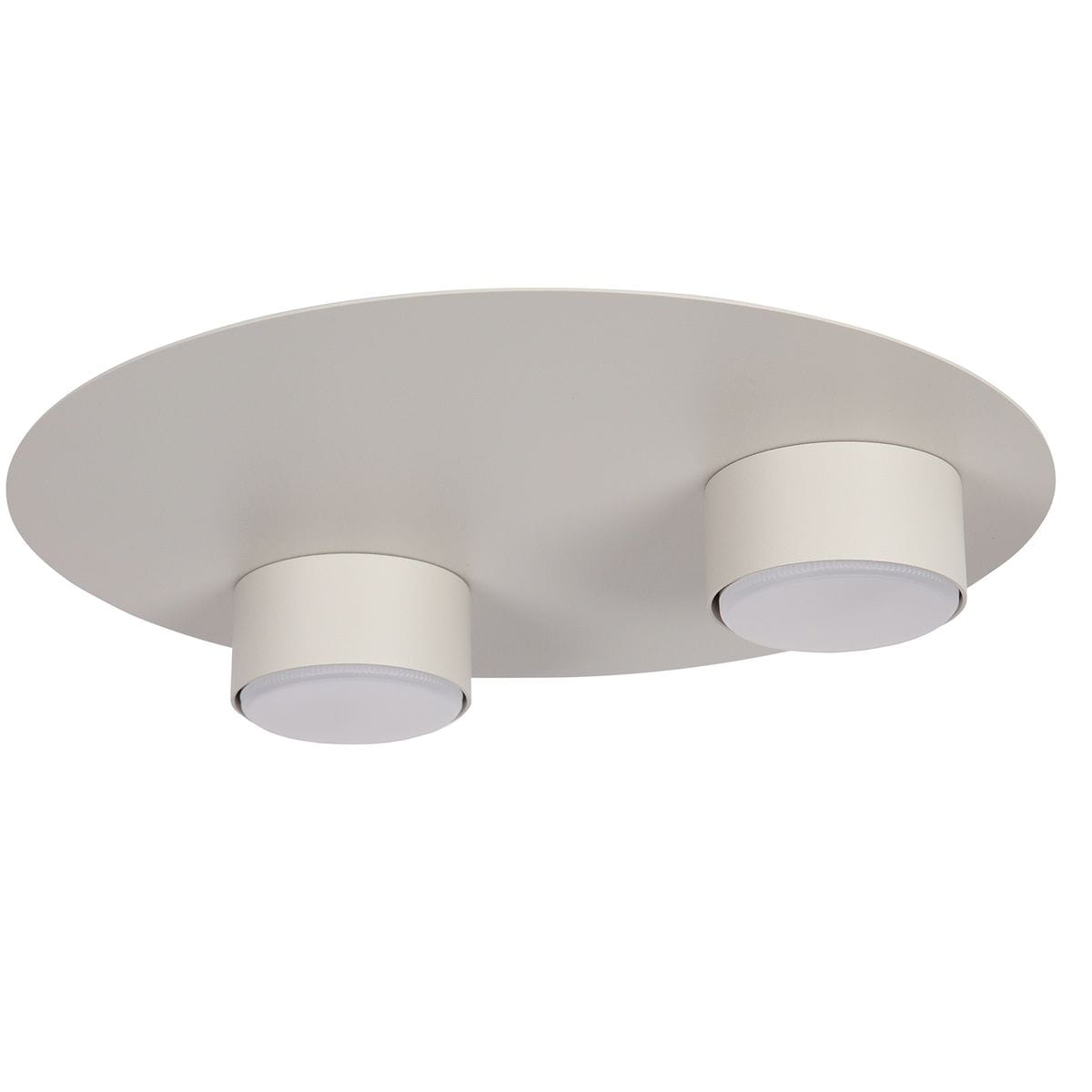 Lampa sufitowa Star z dwoma oprawami GX53 w szaro-beżowym kolorze, o okrągłej, płaskiej podstawie. Ujęcie z dołu, ukazujące dwa reflektory skierowane w dół. Idealna do nowoczesnych wnętrz.